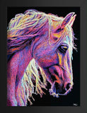 A framed portrait artwork of a horse head in profile, rendered with vivid neon-like strokes in purple, pink, blue, yellow, and white against a black background.