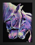 A framed art print depicting two horses in profile, rendered in a vibrant, textured multicolor style with purple, blue, pink, and yellow highlights against a solid black background.
