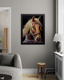 Framed artwork of a horse on a grey wall in a living room