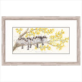 Birds nestled on the branch of a tree, limited edition yellow artwork from Aaminah Snowdon