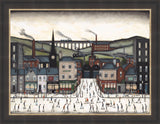 A framed art print depicting a stylized industrial town scene with buildings, a bridge, and many small figures skating in the foreground, shown against a white background.