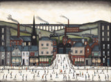 A stylized painting of a town square scene with many small figures skating or walking in front of industrial buildings, smokestacks, hills, and a viaduct under a pale sky.