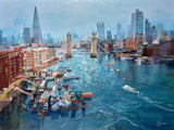 Blue cityscape of iconic london. Featuring Iconic landmarks such as Tower Bridge and  The Shard