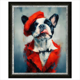 Painting of a dog wearing a red outfit and hat on a gray background.  Artist Boid French Bulldog satirical artwork