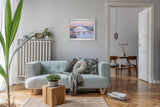 Framed London CityScape in blue living room