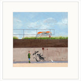 Illustration of a person with a dog and a stroller against a wall with graffiti, with a grassy area and ice cream van.  Chris Ross Williamson limited edition art print.