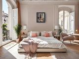 woman putting on robe in a elegant room