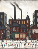 A  painting of a bustling industrial street scene, featuring brick factories with tall smokestacks, shopfronts, and numerous pedestrians in the foreground under a cloudy sky.  Sean Durkin
