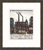 A framed art print depicting a whimsical city street scene with brick buildings, smoking chimneys, and small figures of people walking along the street, presented in a dark wood frame, Sean Durkin art