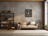 A framed art print depicting a woman in a yellow dress hangs on a textured gray wall above a beige sofa in a modern, minimalist living room.