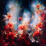 Abstract floral painting with luminous red, pink, orange, and white flowers against a dark blue and black background 