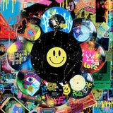A vibrant artwork of colorful vinyl records and graffiti-style graphics arranged in a circular composition, with a large black record featuring a yellow smiley face at the center.