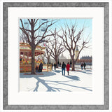 Framed artwork of a snowy scene with a carousel and people walking.  Limited edition art print by Jo Quigley
