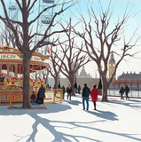 Winter scene with a carousel, people walking, and bare trees in an urban setting.