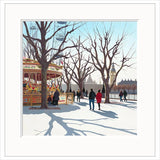 Winter scene with a carousel, people walking, and bare trees in an urban setting.  Limited edition art print by Jo Quigley