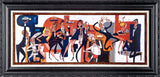 framed art  multiple figures in formalwear and dress, rendered in bold black, red, blue, white, and orange tones. The artwork is presented within a wide white mat and a thick black ornate frame.