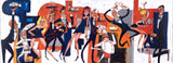artwork depicting multiple elegantly dressed figures in a, with some serving drinks and trays, rendered in bold black, white, orange, blue, and red tones.