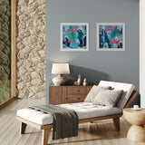 Modern bedroom with wooden bed, gray bedding, and abstract wall art.