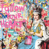 queen in regal attire holding a paintbrush with text 'Follow Your Heart' and colorful background.