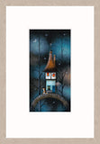 A framed art print featuring a whimsical illustration of a small house on a stone bridge under a starry night sky, framed