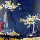 Abstract landscape painting featuring two stylized trees with white and gold foliage against a deep navy blue night sky, with small red and blue circular accents on the ground.