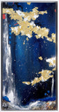 An abstract vertical painting depicting a dark blue night sky with white and gold 