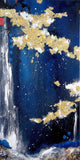 Abstract painting featuring deep blue and black background with textured gold leaf-like splashes, white brushstrokes, and small red accents.