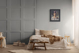 A styled bedroom with mystical post hanging
