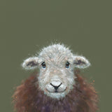 A close-up painted portrait of a sheeps face  against a muted olive-green background.