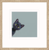 Framed wall art featuring a black cat peeking from the left side of a muted blue-gray square background, surrounded by white mount and a light bronze frame.