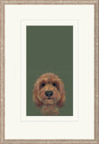 A framed art print featuring a painted portrait of a brown curly-haired dog on a dark olive green background, surrounded by a wide white mat and a light wood frame.