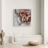 A framed canvas painting of a brown horse