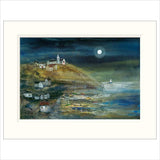Painting of a coastal scene with houses, boats, and a full moon.
