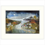 Painting of a village by a river with mountains in the background