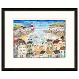 Framed artwork of a colorful coastal scene with houses and a lighthouse.