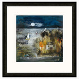 Framed artwork of a moonlit landscape with sailboats and houses.
