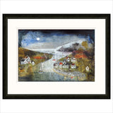 Framed artwork of a coastal scene with houses, boats, and a moonlit sky.