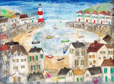 Colorful illustration of a coastal town with houses and a lighthouse.