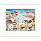 Colorful illustration of a coastal town with houses and a lighthouse.