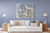 A framed painting of a galloping horse in blue, white, and gray tones
