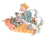 Illustration of a person in bed having breakfast in bed with their dog.