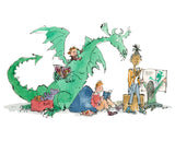 An illustration of children reading with a large green dragon.