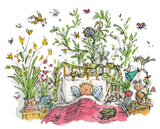 A man lying in bed surrounded by spring time animals and flowers