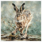 A painted artwork of a hare running through shallow water, with a soft, painterly background in muted green-gray and beige tones.