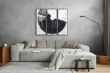 three paneled original abstract artwork with a black half circle spanning across all three