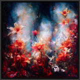 Floral Artwork with red and orange flowers on a blue background