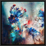 floral painting with blue, white, and red blossoms on a soft gray-blue background, enclosed in a black frame.