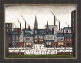 A framed art print depicting a bustling industrial town square with factories, church spires, and many small figures walking and skating in the center, shown in a dark frame with a light mat.
