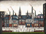 A stylized painting of a bustling town square with factories, church spires, shopfronts, and many small figures walking and playing in the foreground.