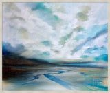  landscape painting featuring a dramatic cloudy sky in shades of blue, white, and gray, with shoreline and water below.